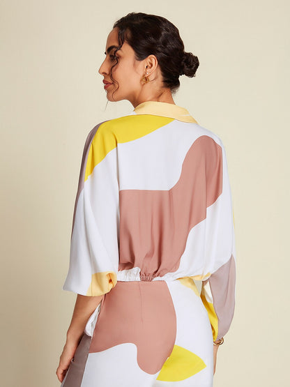 Satin Contrast Knot Front Balloon Sleeve Shirt