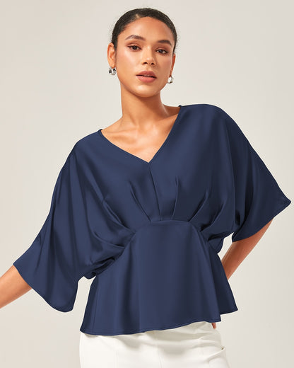 Satin Dolman Sleeve Inverted Pleat V-Neck Top