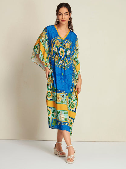 Satin Caftan Bandana Print Raglan Midi Dress