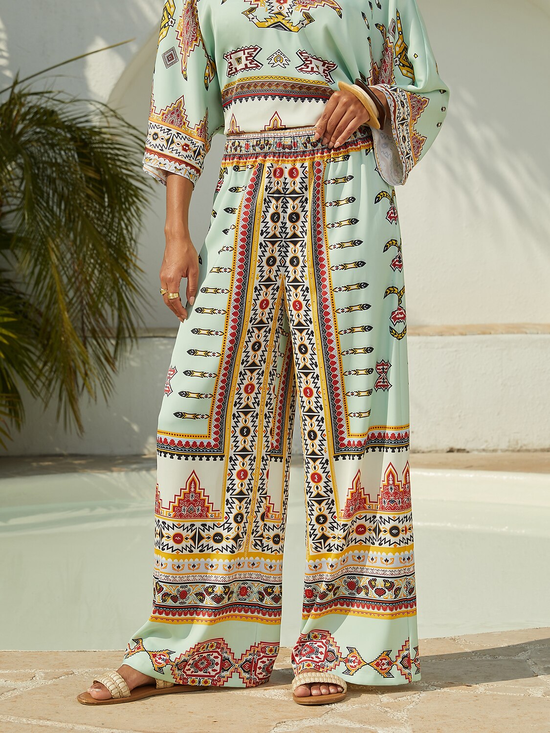 Vacation Geometric Print Satin Wide leg Pants