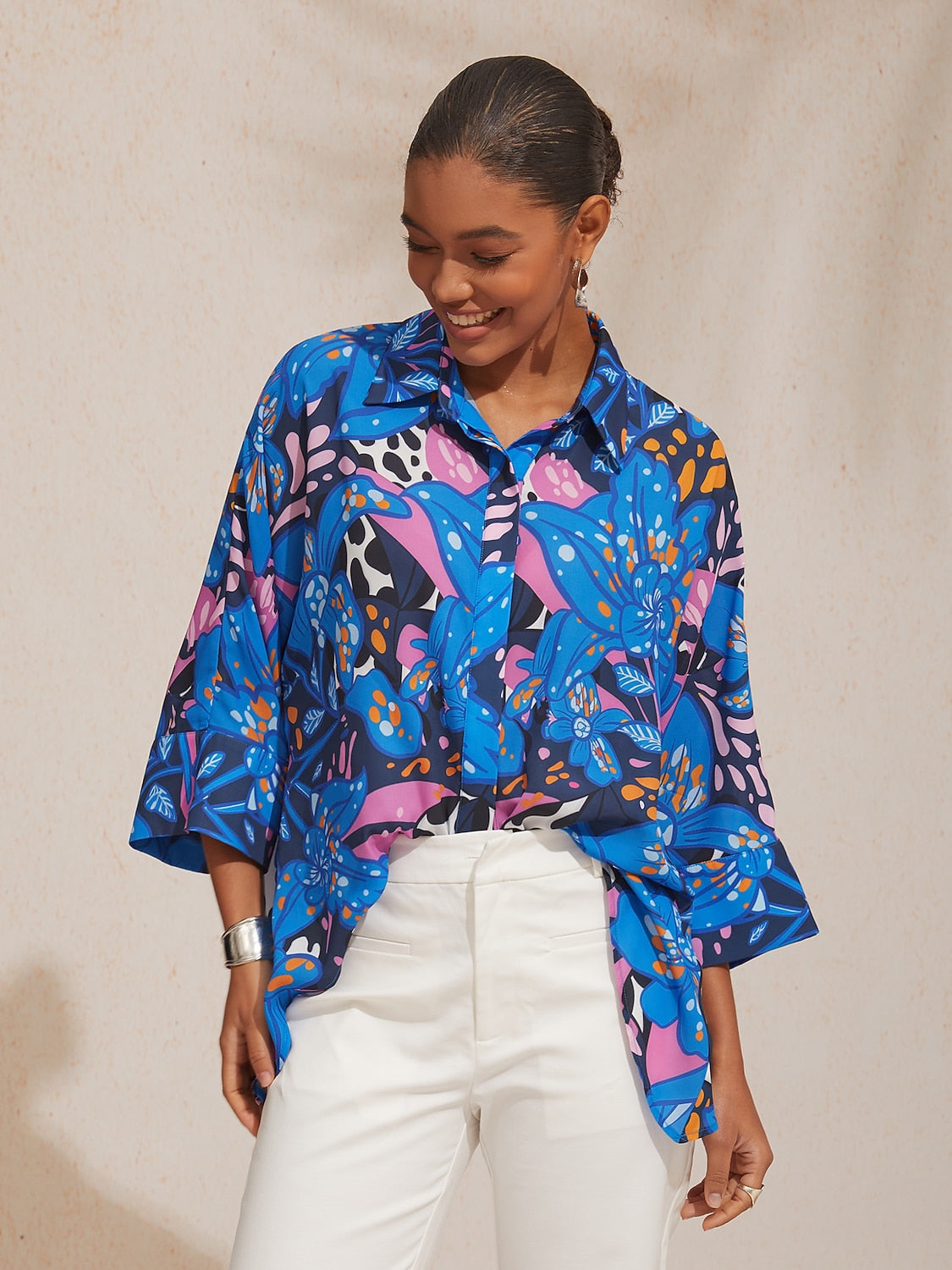 Vacation Color Dot Floral Dolman Sleeve Satin Shirt