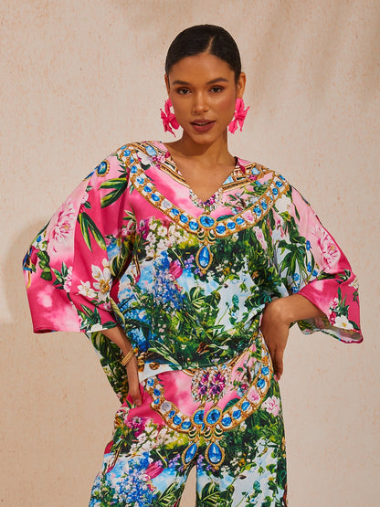 Vacation Jungle Print Dolman Sleeve Satin Top