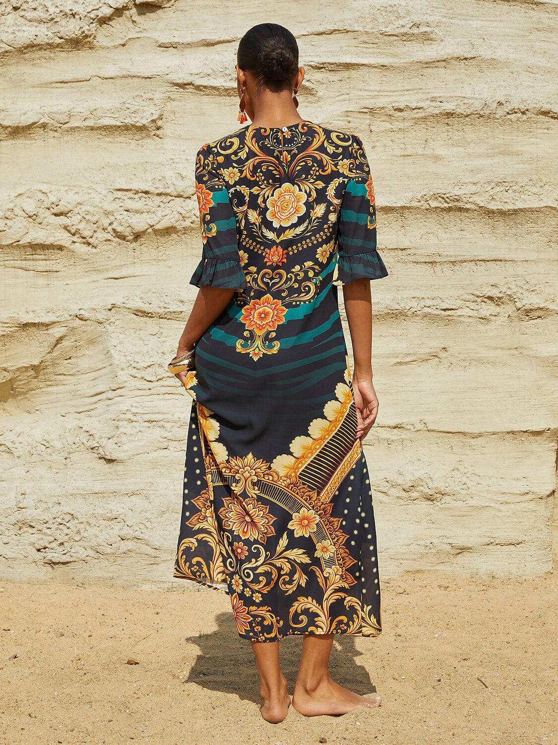 Emerald Empress Flowy Chiffon Straight Maxi Dress