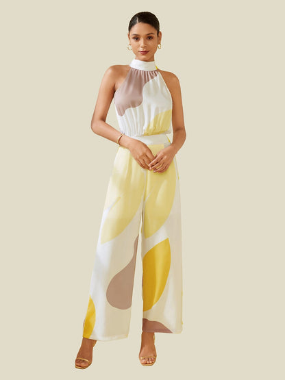 Satin Abstract Pattern Print Twist Jumpsuit