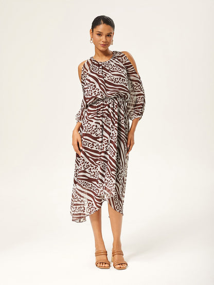 Animal Print Ruched Three Quarter Sleeve Dress