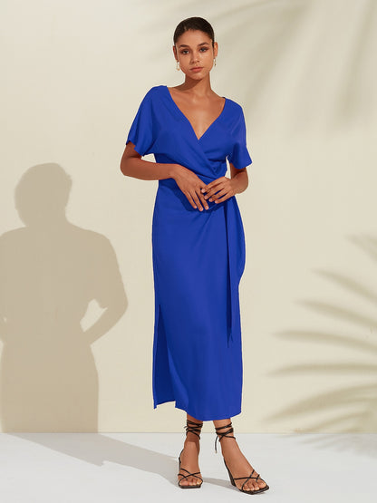 Tencel Linen Orange Red  Shirred Wrap Midi Dress