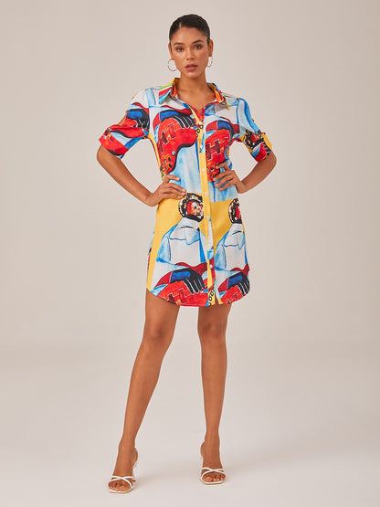 Mini Shirt Dress Satin Artistic Down Straight Fit