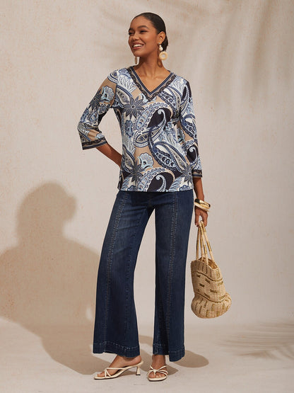 Vacation Paisley Pattern High Stretch Knit Top