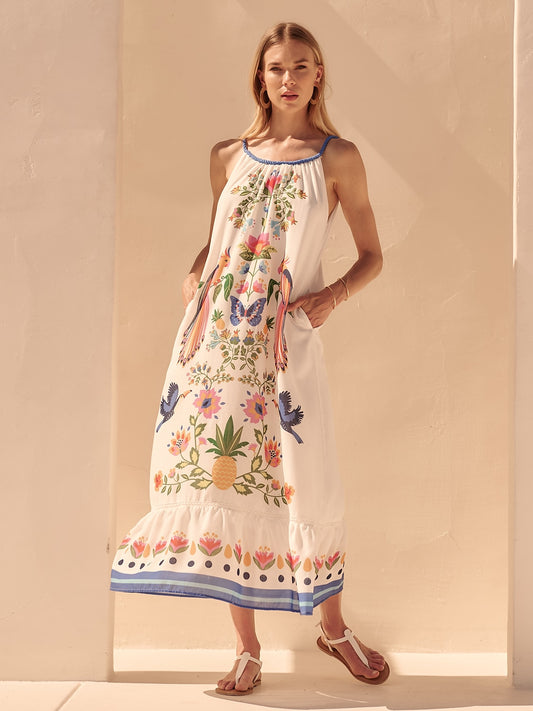 White-Toned Cotton Like Beach Vacation Floral Print Dress