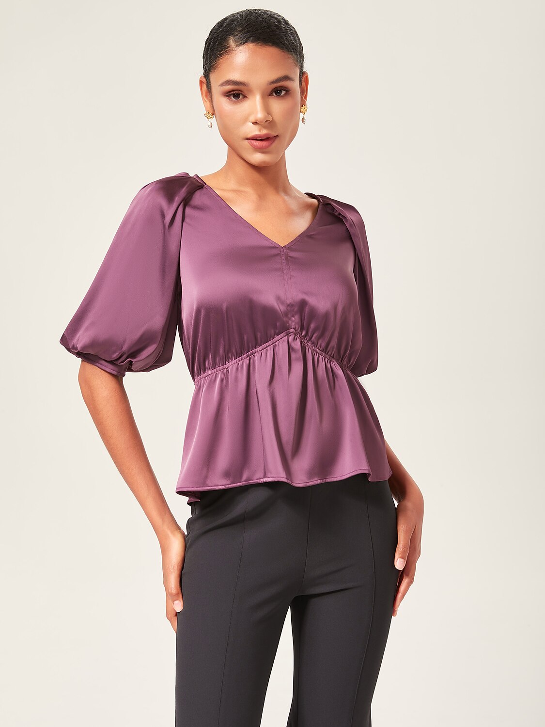 V-Neck Puff Sleeve Peplum Top