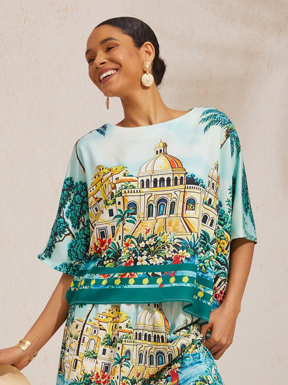 Summer Night Palm Silky Satin Dolman Sleeve Top