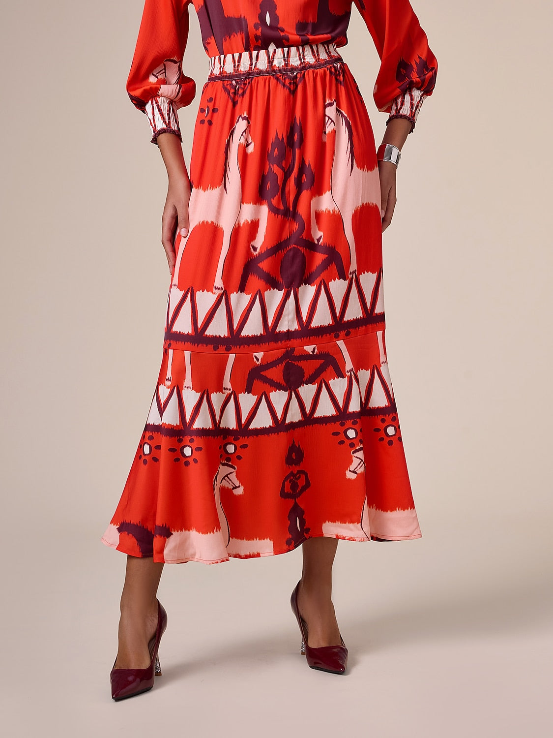 Chiffon Orange Printing Elegant Bohemia Midi Skirt