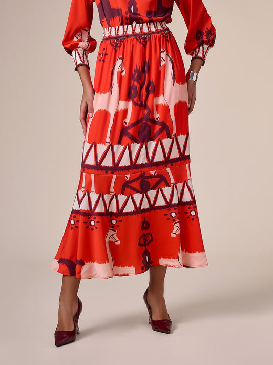 Chiffon Orange Printing Elegant Bohemia Midi Skirt