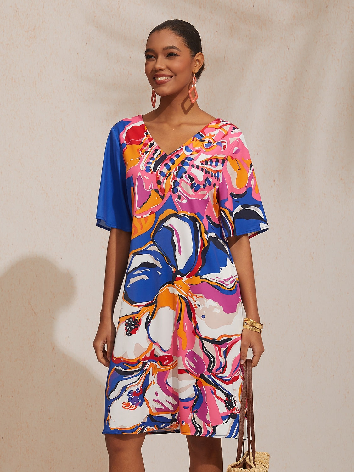 Vacation Artistic Floral Fitted Waist Satin Mini Dress