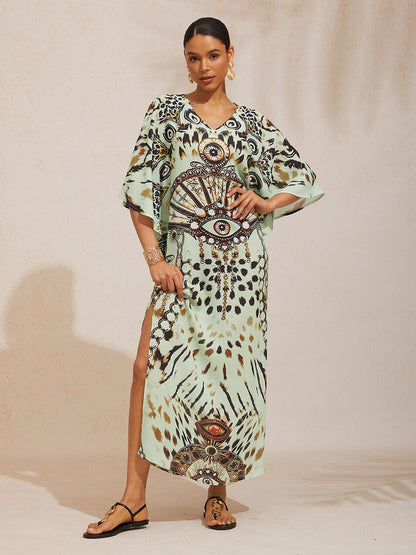 Mallorca Blossom Flowy Chiffon Dolman Sleeve Maxi Dress