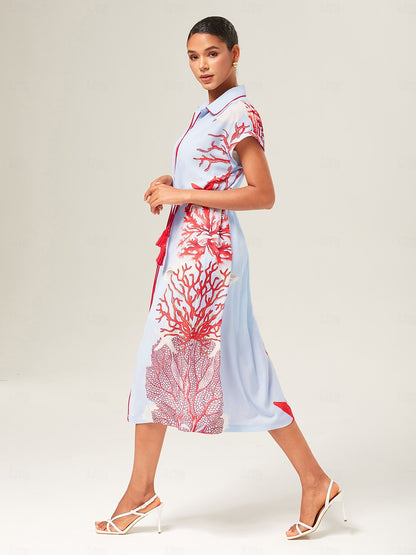 Loose Color-Block Coral Shirt Dress