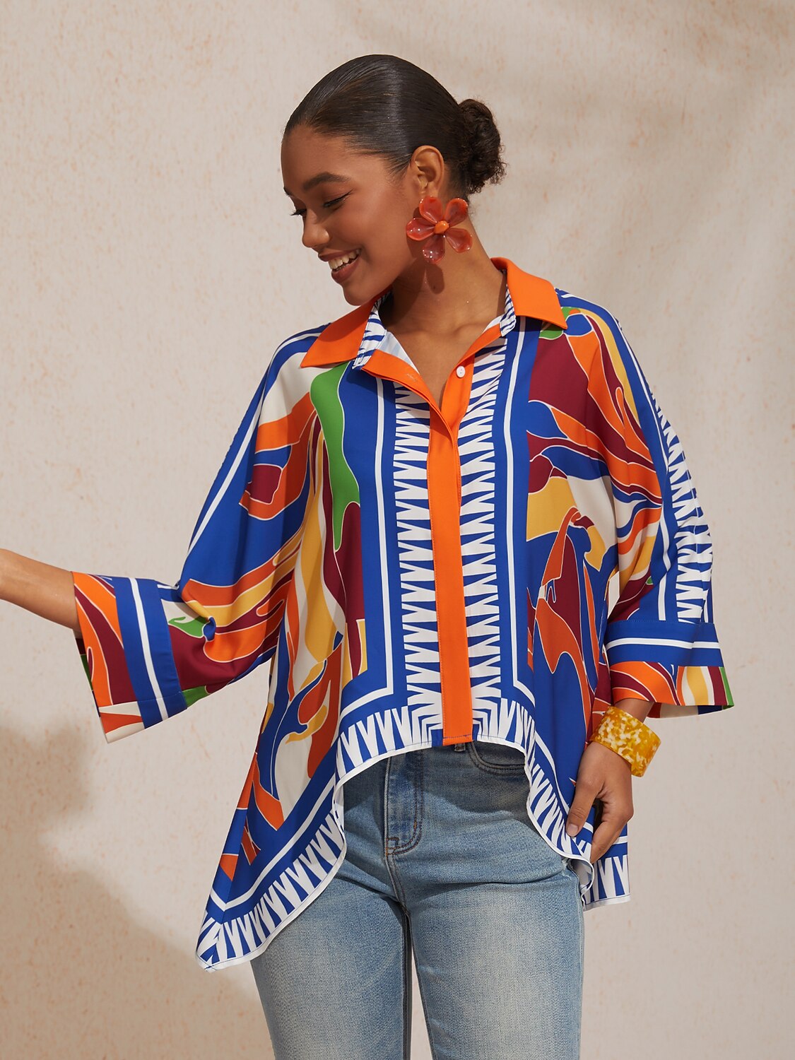 Vacation Geometric Color Block Print Batwing Sleeve Satin Short Shirt