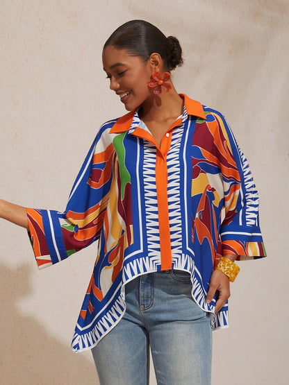 Vacation Geometric Color Block Print Batwing Sleeve Satin Short Shirt