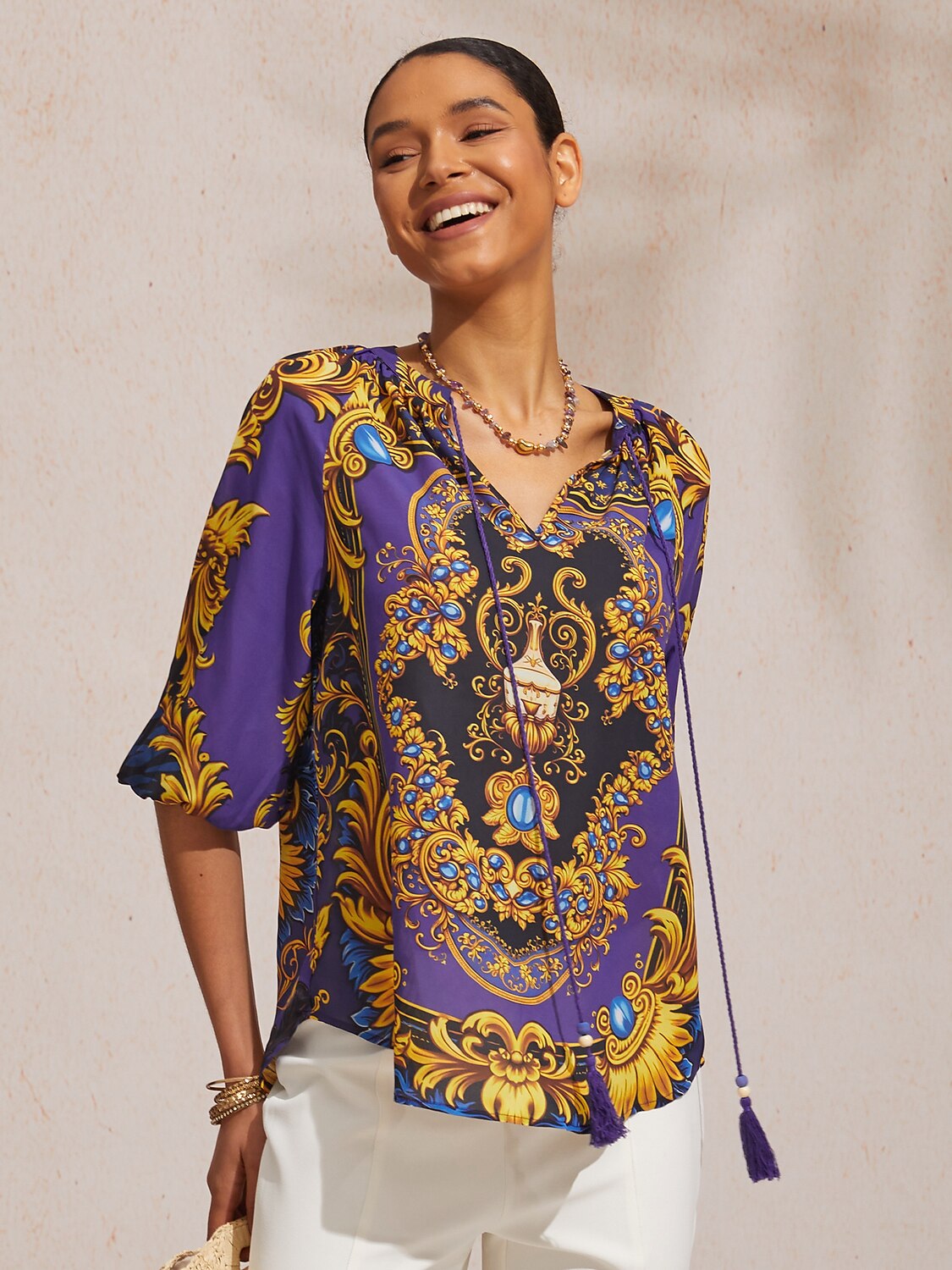 Midnight Blue Baroque Chiffon Three Quarter Sleeve Top