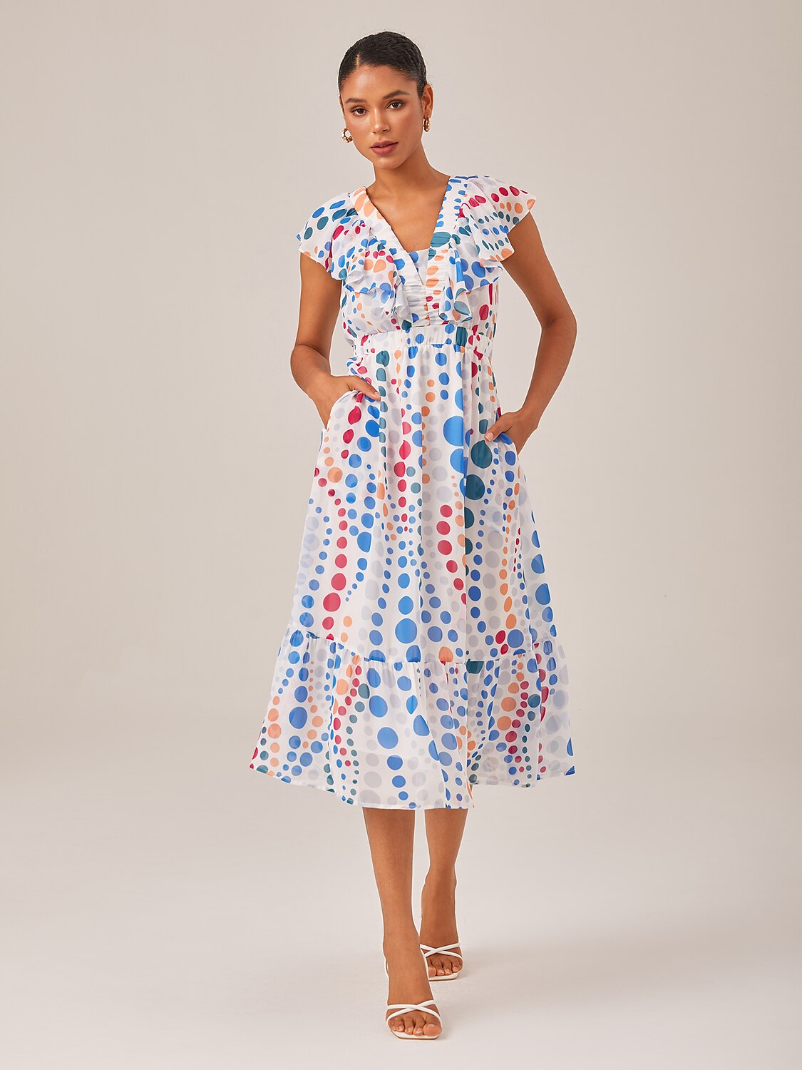 Colorful Polka Dot Chiffon Ruffled Waisted Dress