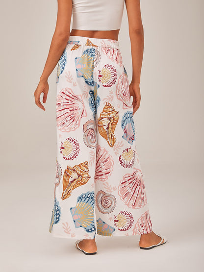 Shell Print Elastic Waist Wide Leg Pants