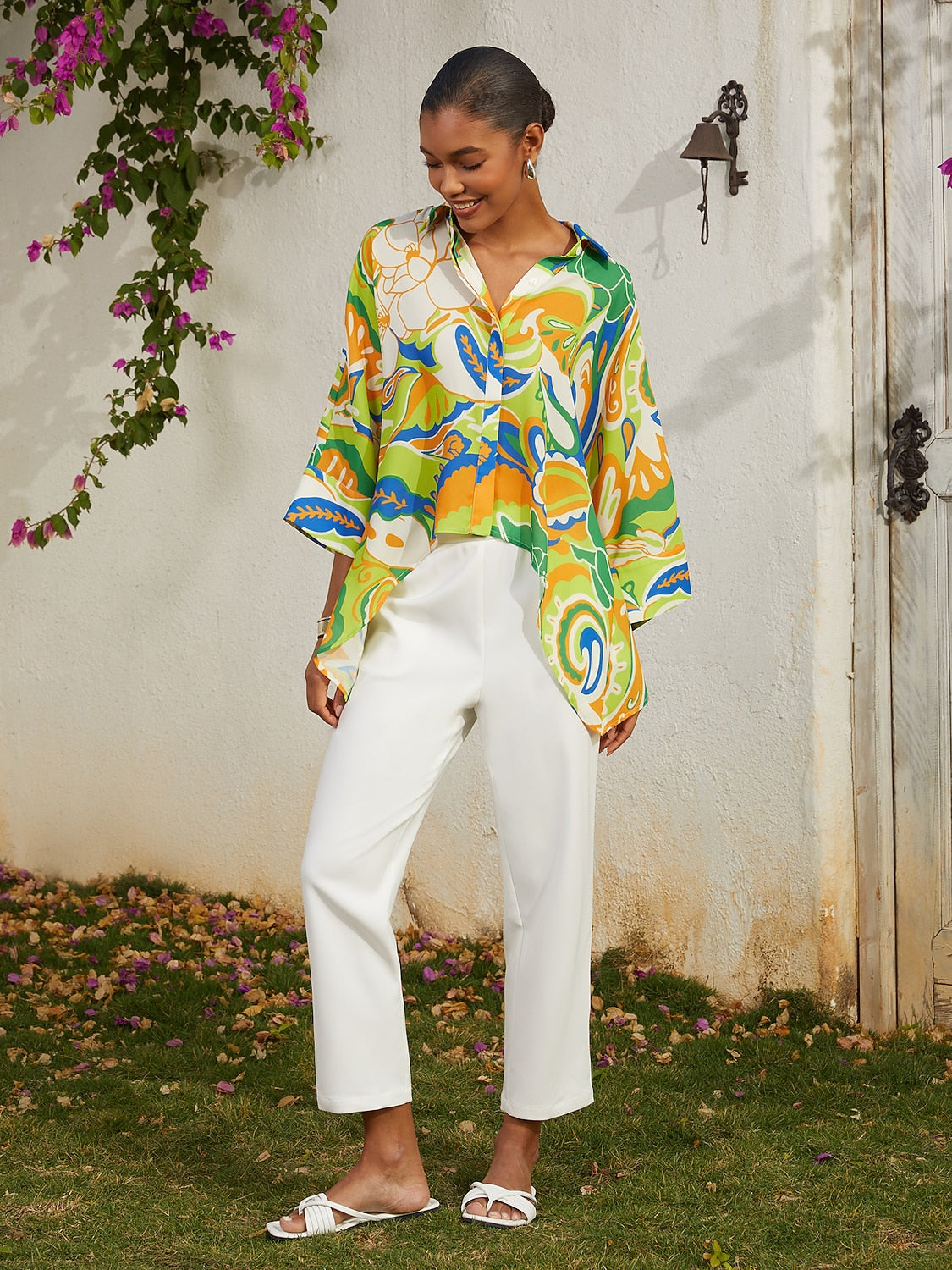 Vacation Green Floral Dolman Sleeve High Low Chiffon Short Shirt