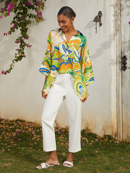 Vacation Green Floral Dolman Sleeve High Low Chiffon Short Shirt