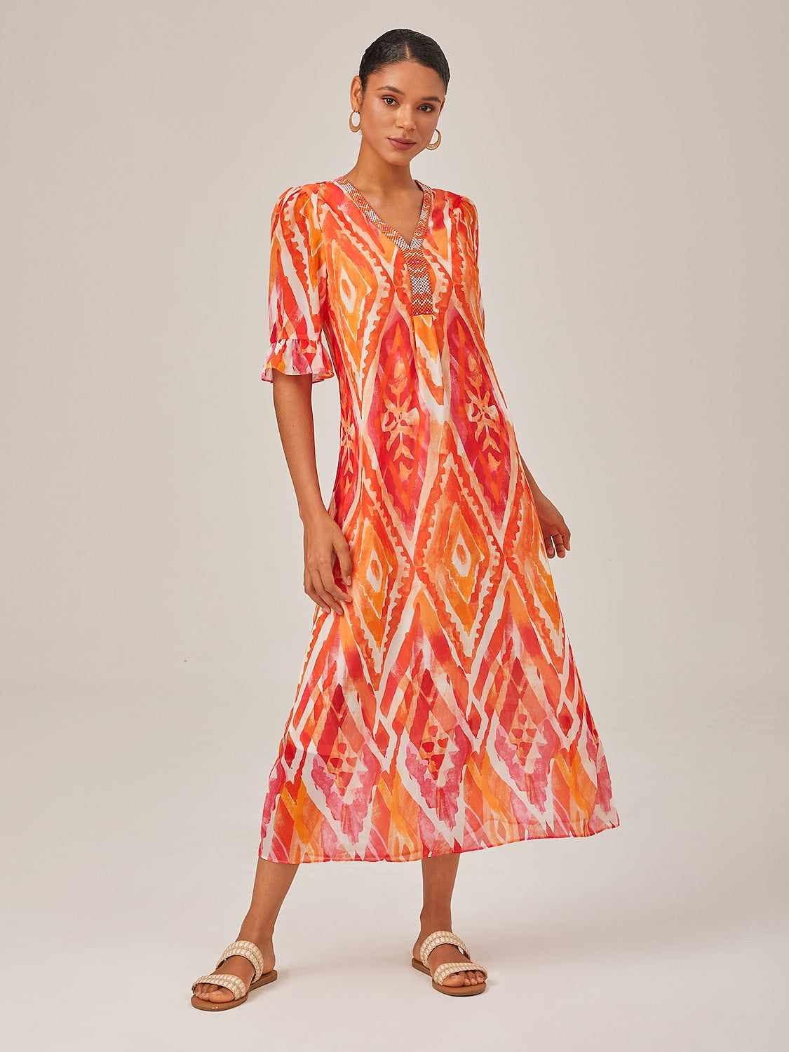 Chiffon Ethnic Print Midi Dress
