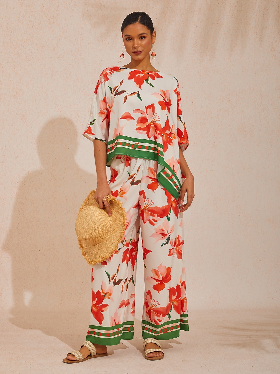 Vacation Color-Block Floral Dolman Sleeve Satin Top