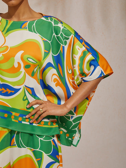 Summer Night Palm Silky Satin Dolman Sleeve Top