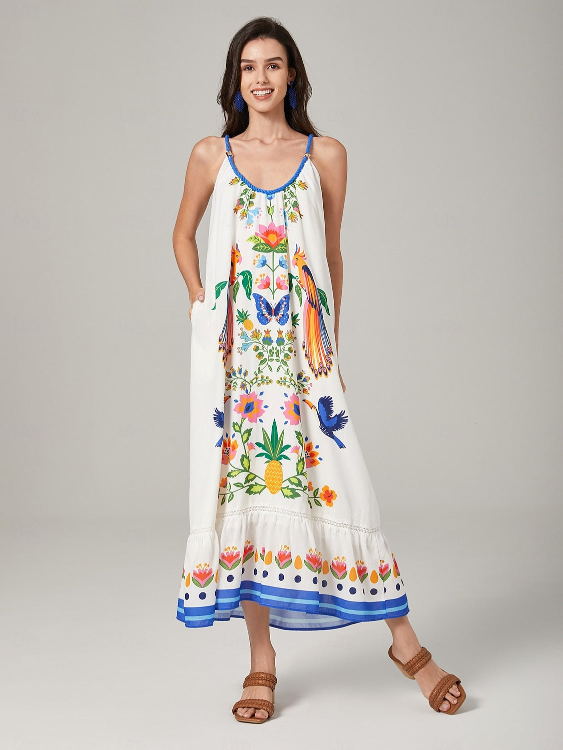 White-Toned Cotton Like Beach Vacation Floral Print Dress