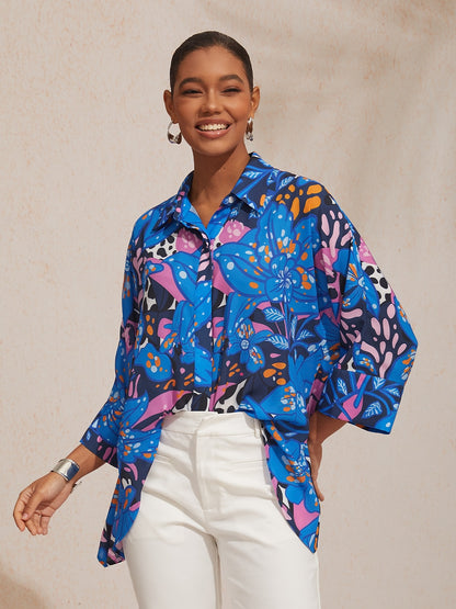 Vacation Color Dot Floral Dolman Sleeve Satin Shirt