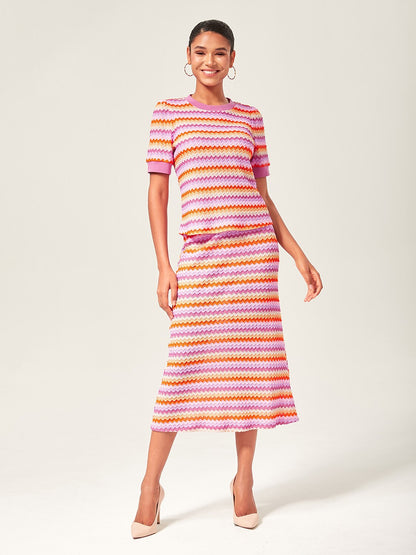 Orange Knitted Stretch Color Block Skirt