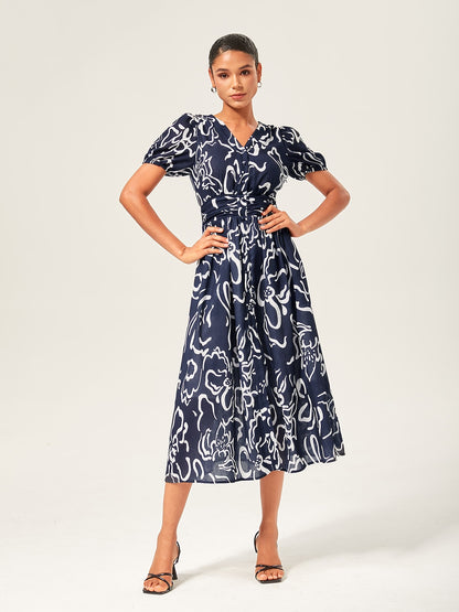 Abstract art print Linen-Like Fabric Waist-Cinching Maxi Dress