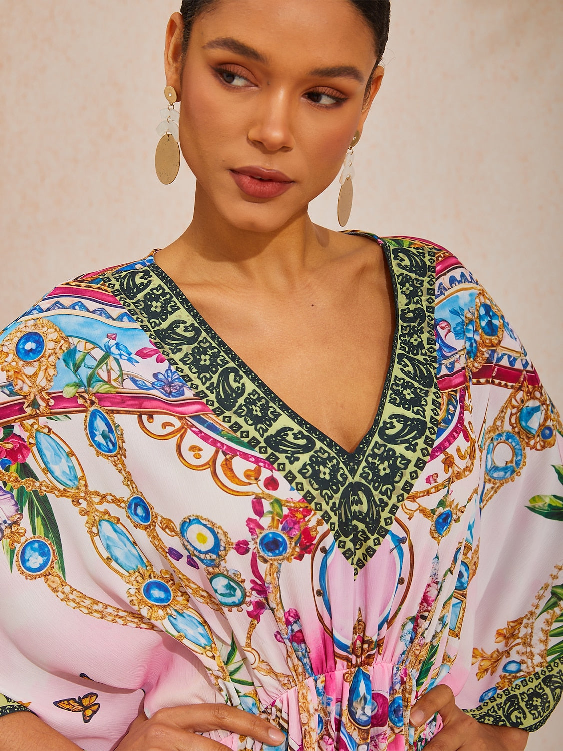 Vacation Floral Chain Print Dolman Sleeve Chiffon Maxi Dress