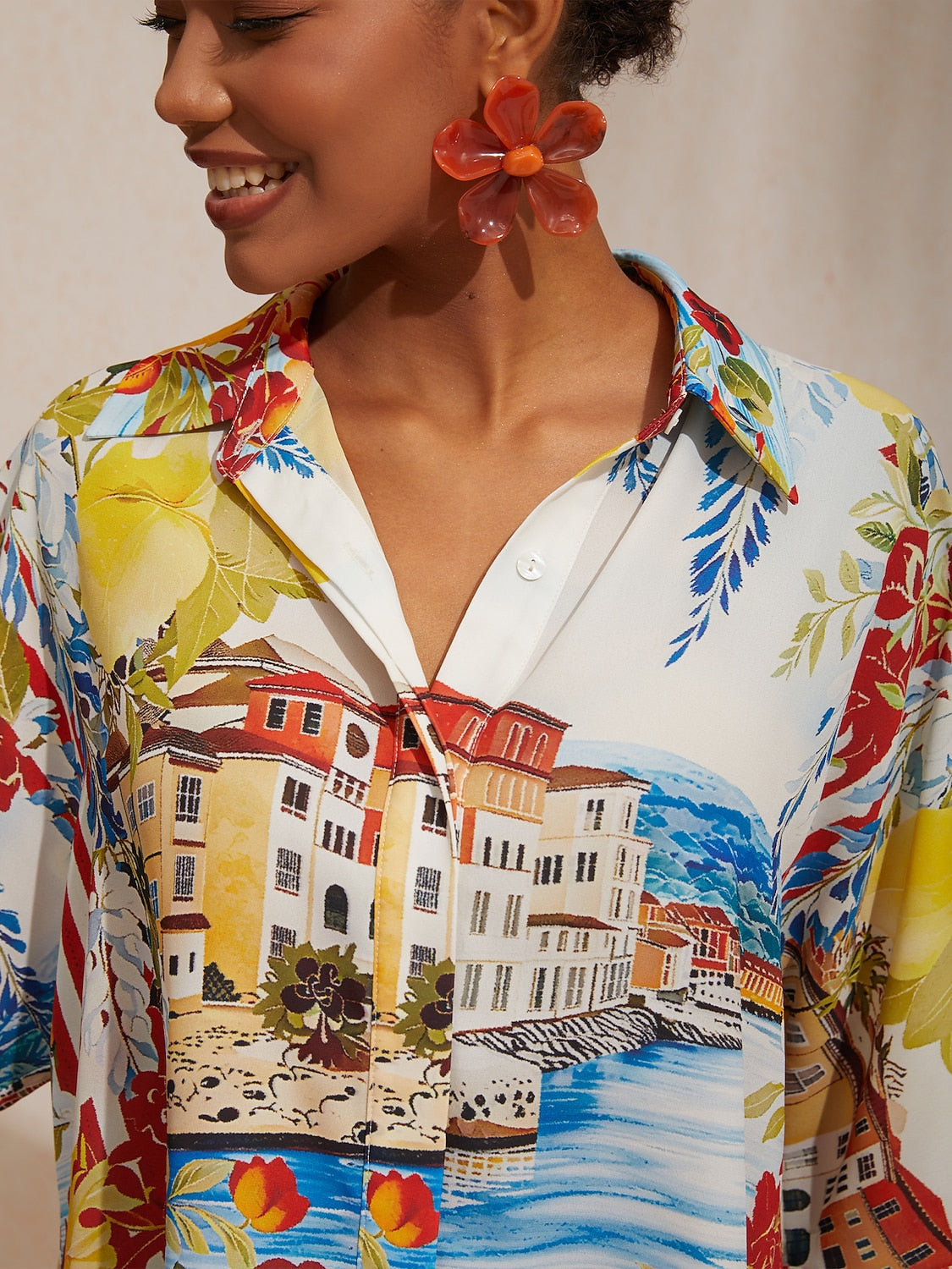 Vacation Scenic Floral Print Dolman Sleeve Chiffon Short Shirt
