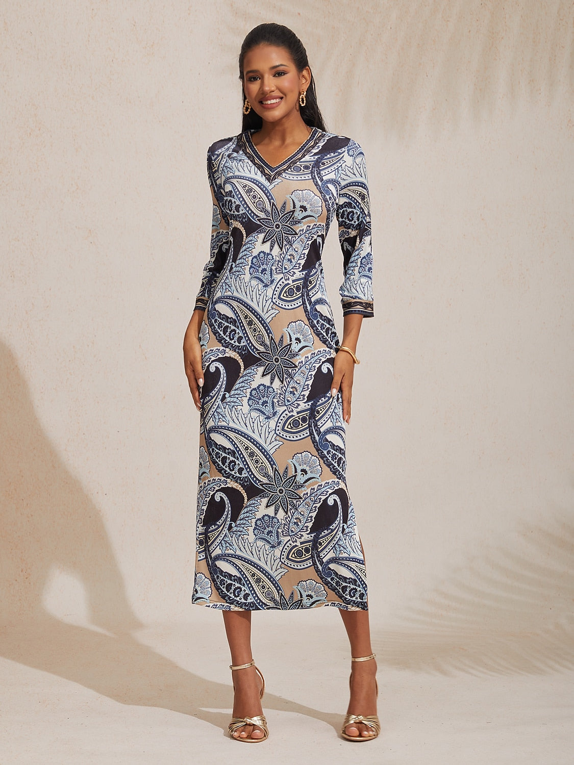Knit Stretch Fitted Paisley Print Maxi Dress Vacation