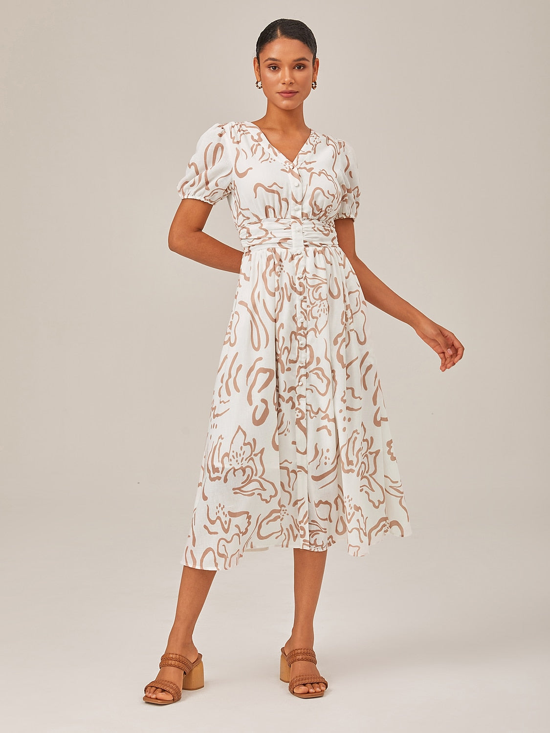 Abstract art print Linen-Like Fabric Waist-Cinching Maxi Dress