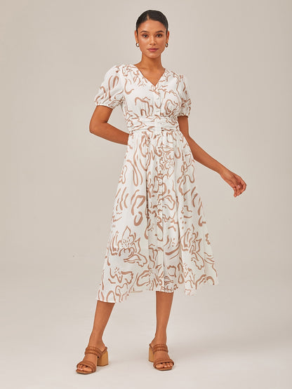 Abstract art print Linen-Like Fabric Waist-Cinching Maxi Dress