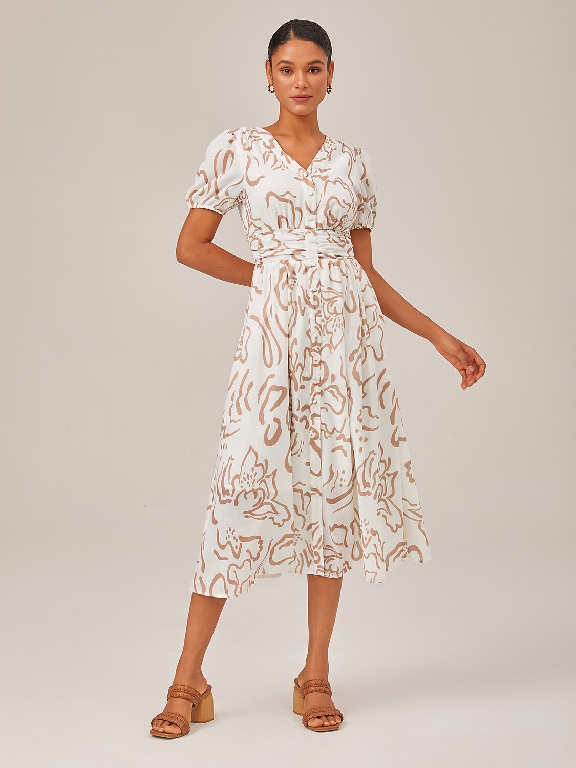 Abstract Art Print Linen-Like Waist-Cinching Maxi Dress