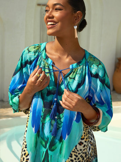 Vacation Leopard Feather Motif Straight Fit Chiffon Maxi Dress