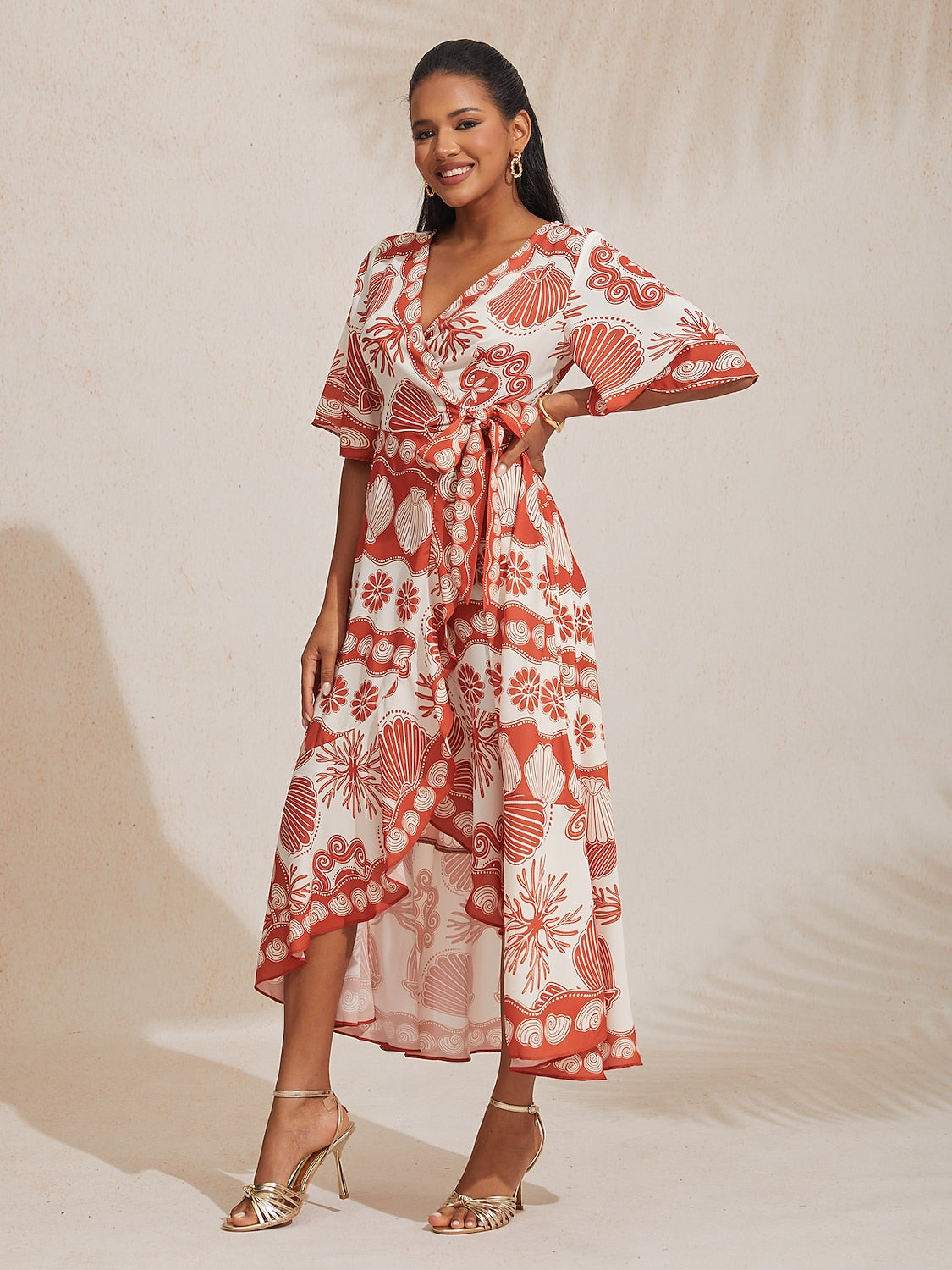 Ocean Elements Print Vacation Style Satin V-Neck Dress