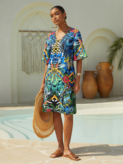 Vacation Feather Leopard Motif Straight Fit Satin Short Dress