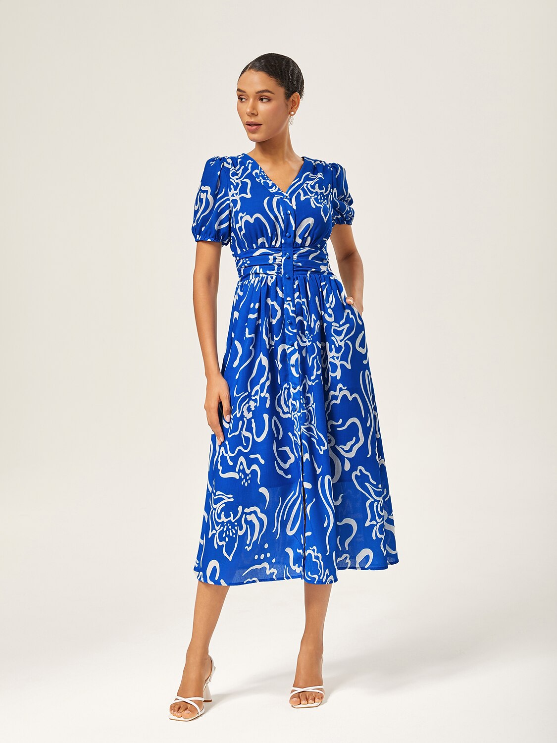 Abstract Art Print Linen-Like Waist-Cinching Maxi Dress