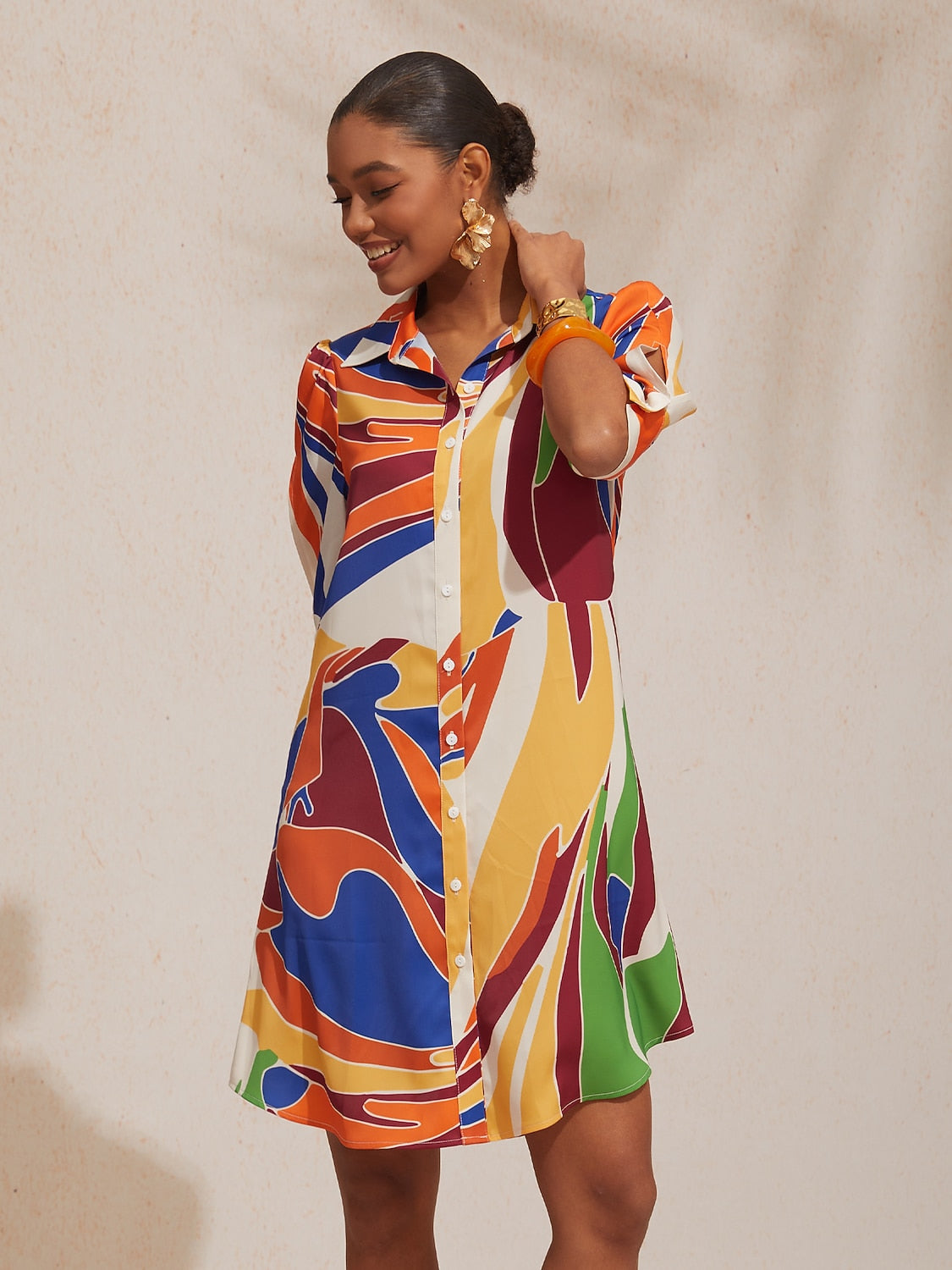 Vacation Geometric Color Block Pattern Straight Satin Shirt Dress