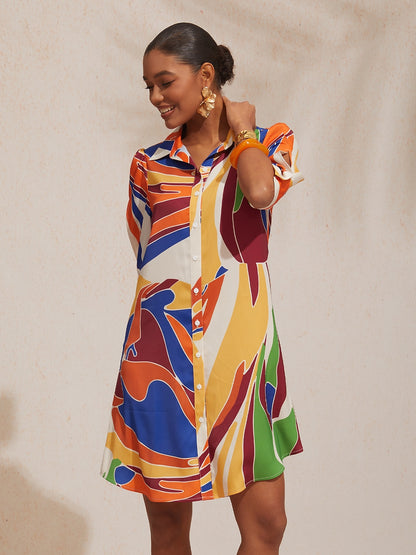 Vacation Geometric Color Block Pattern Straight Satin Shirt Dress