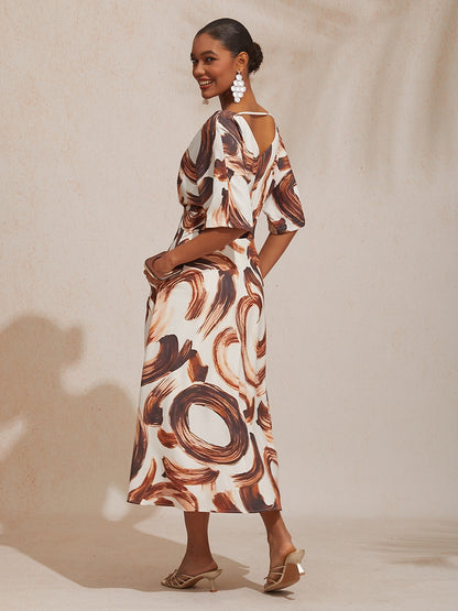 Vacation Abstract Brushstroke Print Waist Cinching Satin Maxi Dress
