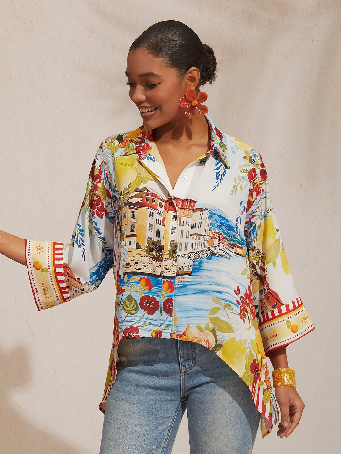 Vacation Scenic Floral Print Dolman Sleeve Chiffon Short Shirt