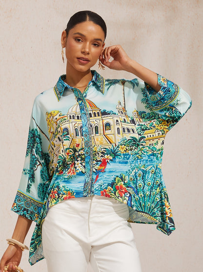 Balearic Islands Blue Silky Satin Dolman Sleeve Top