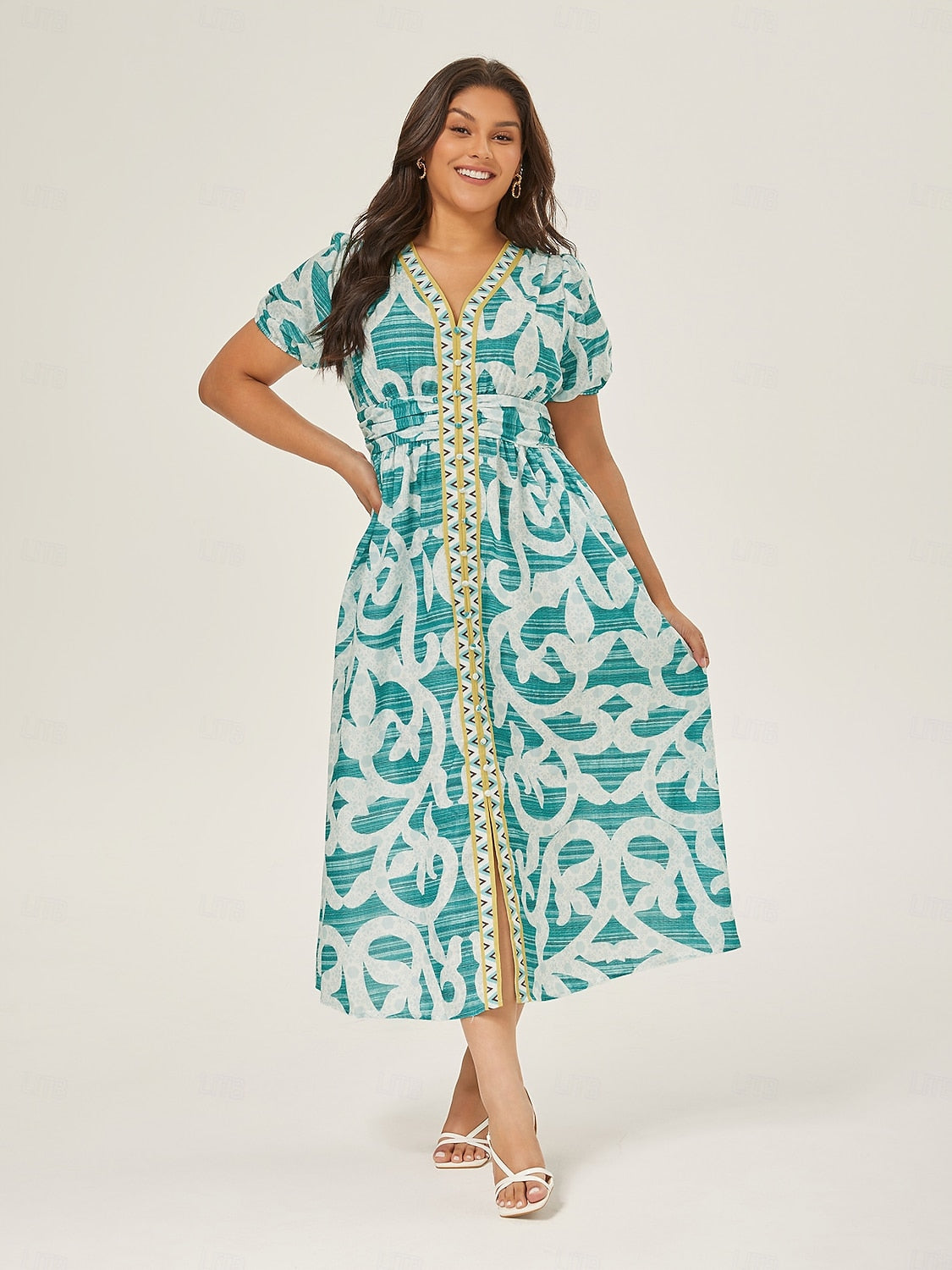 Puff Sleeve V Neck Maxi Dress